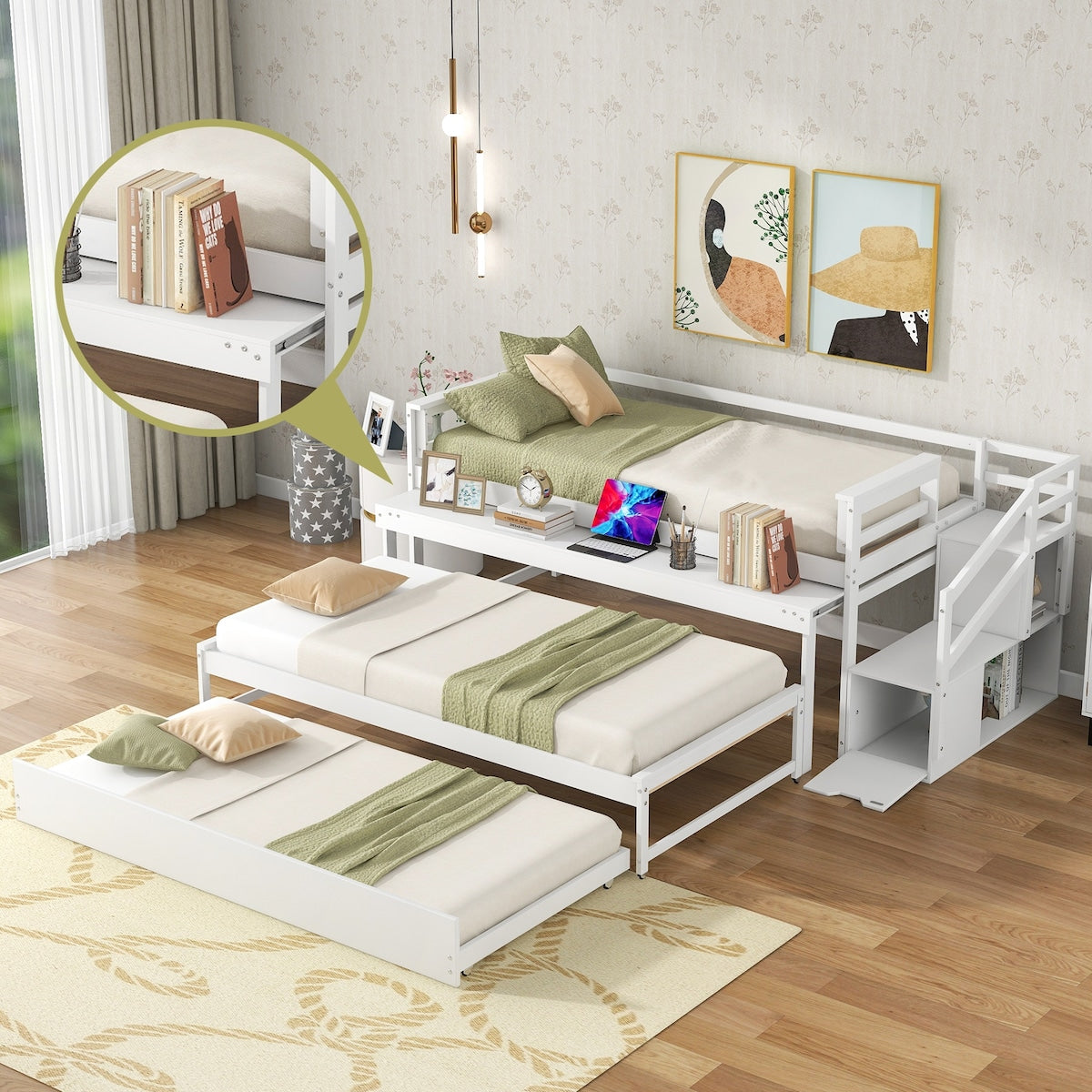 Simple Design Pine wood+MDF Twin Size Daybed with Double Trundle, Flexible Desk and Storage Staircase.