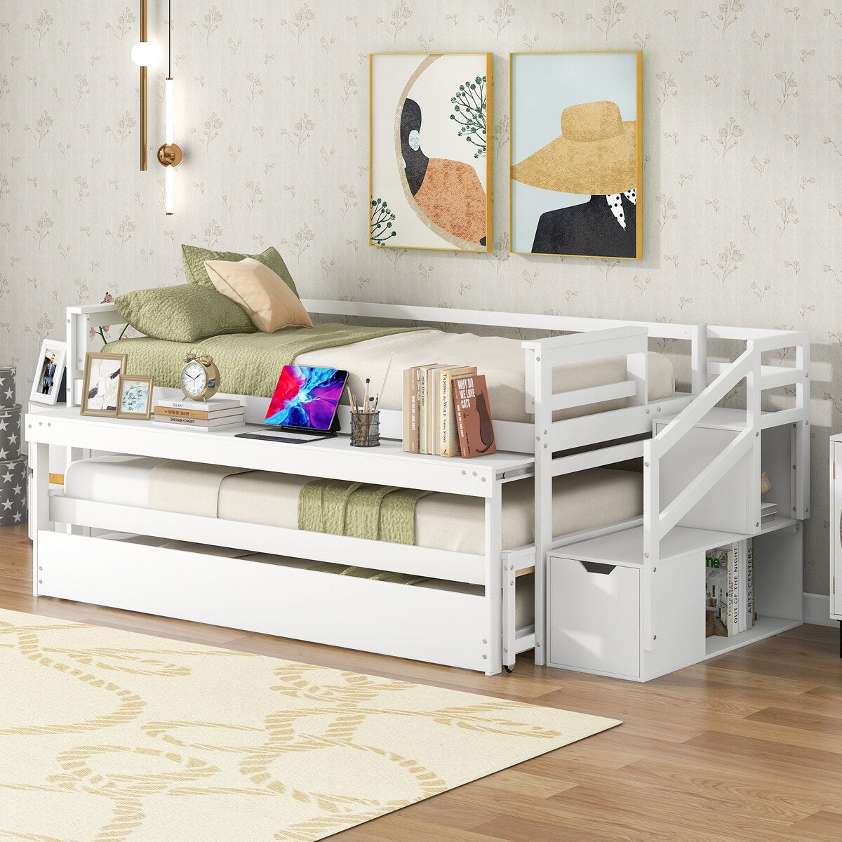 Simple Design Pine wood+MDF Twin Size Daybed with Double Trundle, Flexible Desk and Storage Staircase.