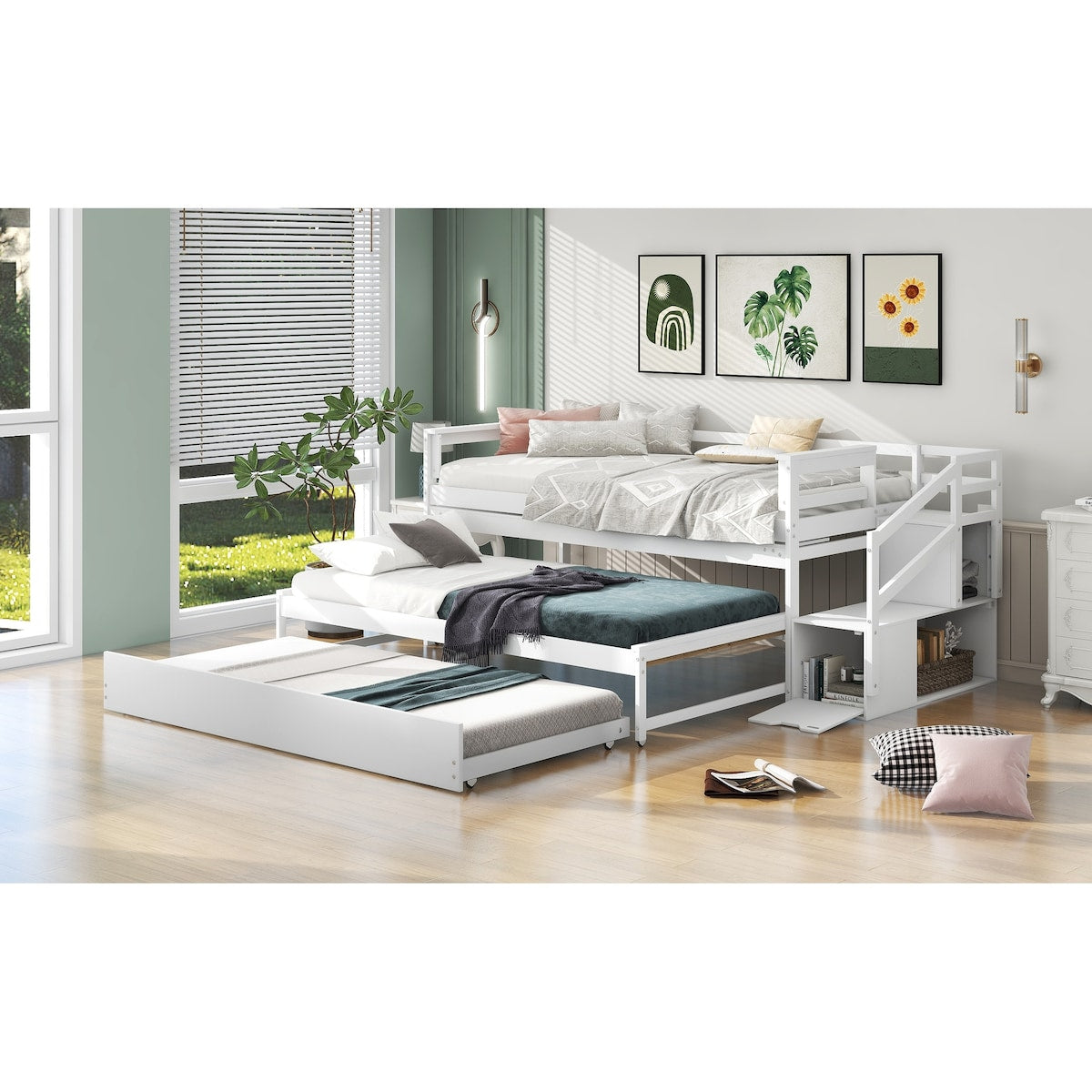 Simple Design Pine wood+MDF Twin Size Daybed with Double Trundle, Flexible Desk and Storage Staircase.