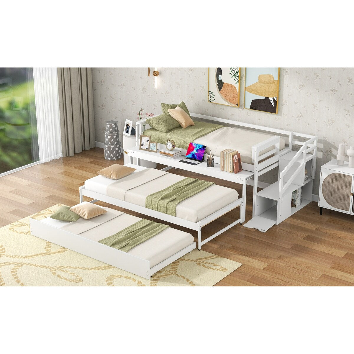Simple Design Pine wood+MDF Twin Size Daybed with Double Trundle, Flexible Desk and Storage Staircase.