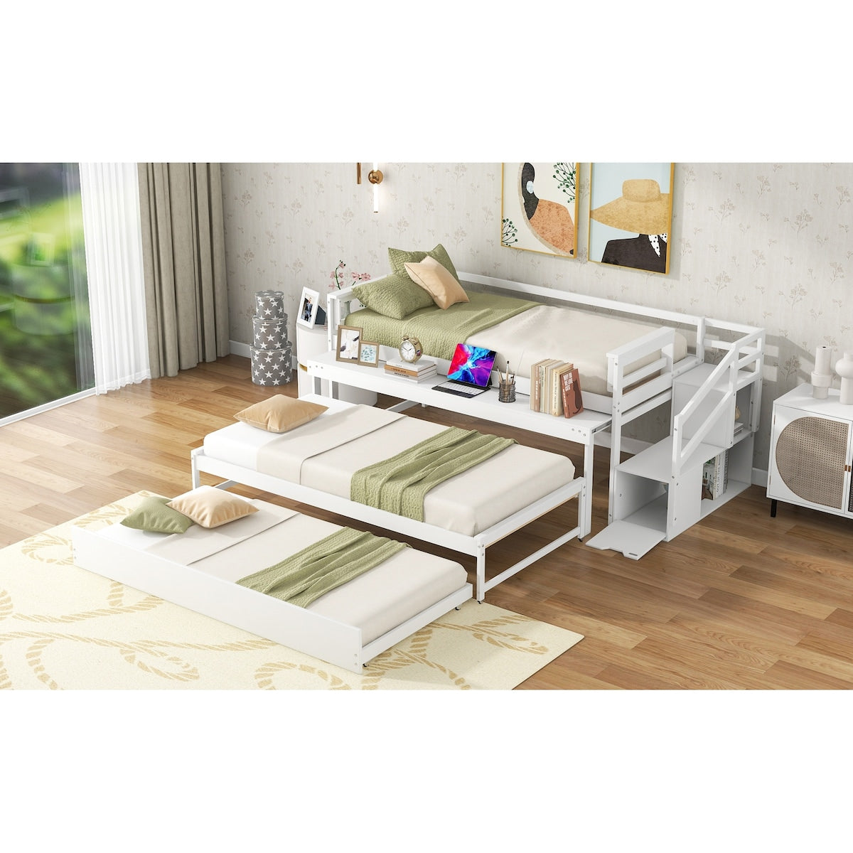 Simple Design Pine wood+MDF Twin Size Daybed with Double Trundle, Flexible Desk and Storage Staircase.