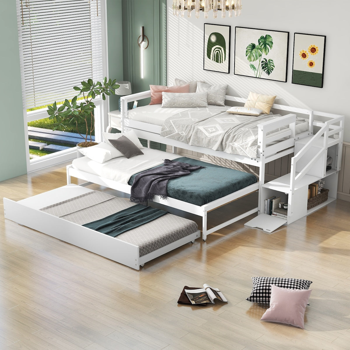 Simple Design Pine wood+MDF Twin Size Daybed with Double Trundle, Flexible Desk and Storage Staircase.