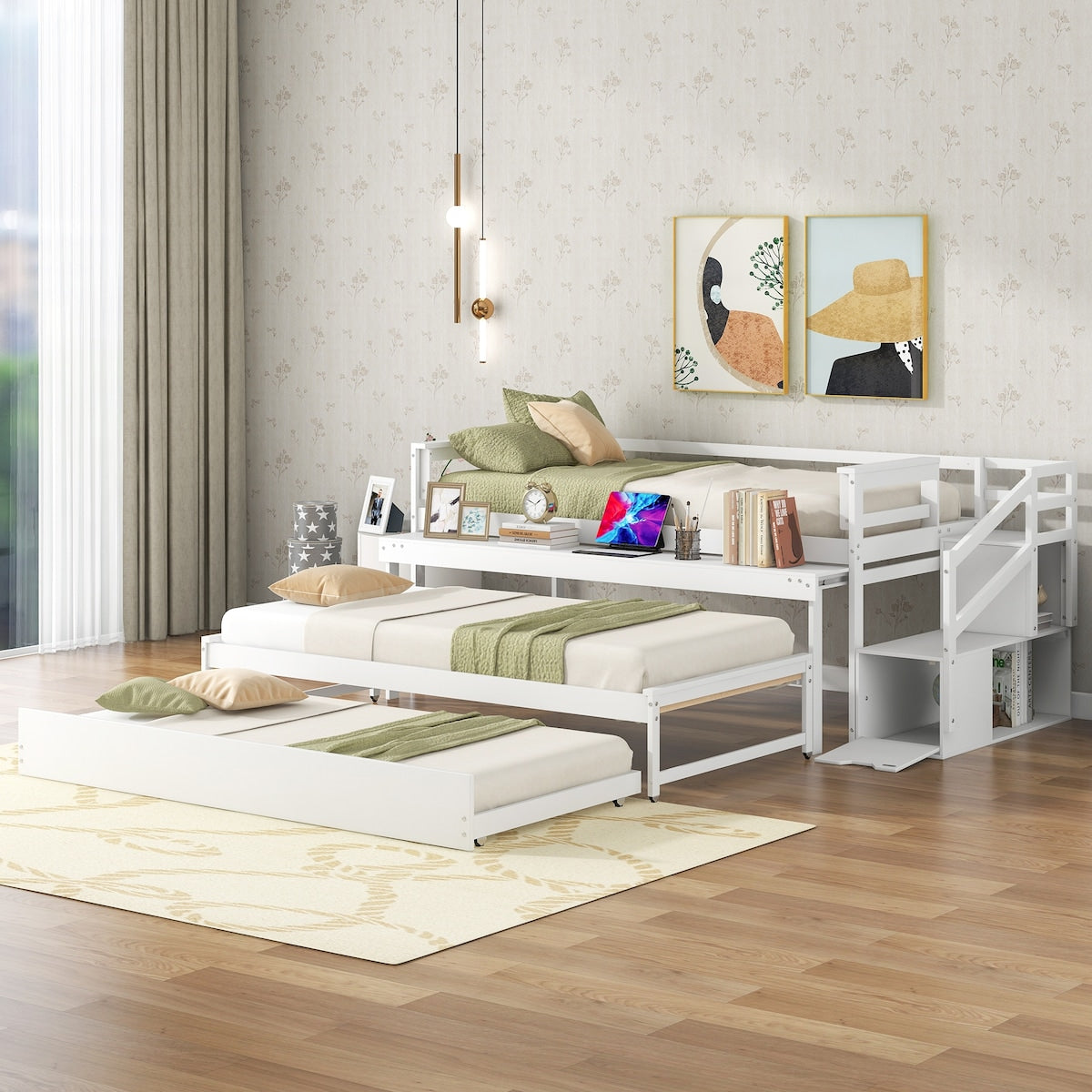 Simple Design Pine wood+MDF Twin Size Daybed with Double Trundle, Flexible Desk and Storage Staircase.