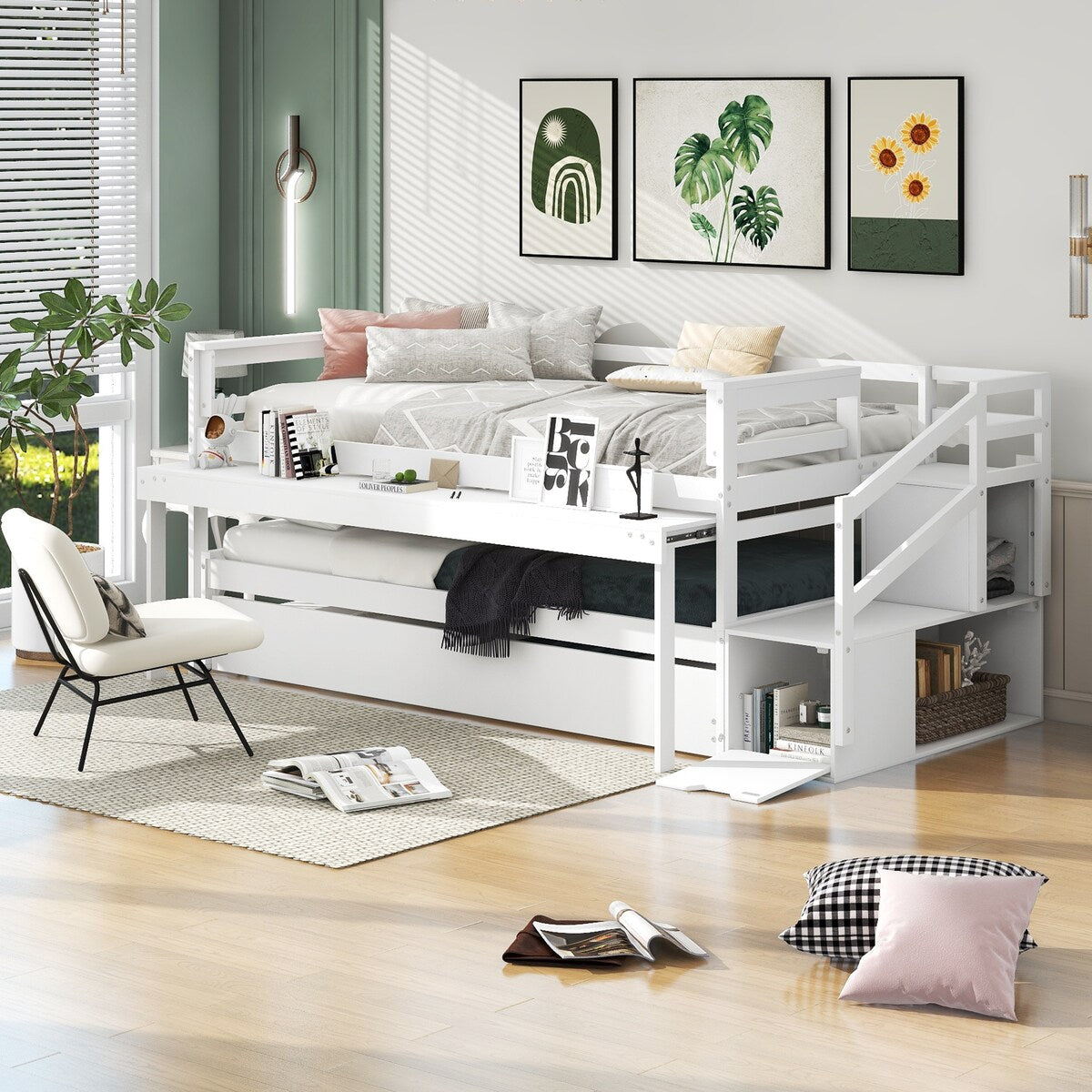 Simple Design Pine wood+MDF Twin Size Daybed with Double Trundle, Flexible Desk and Storage Staircase.