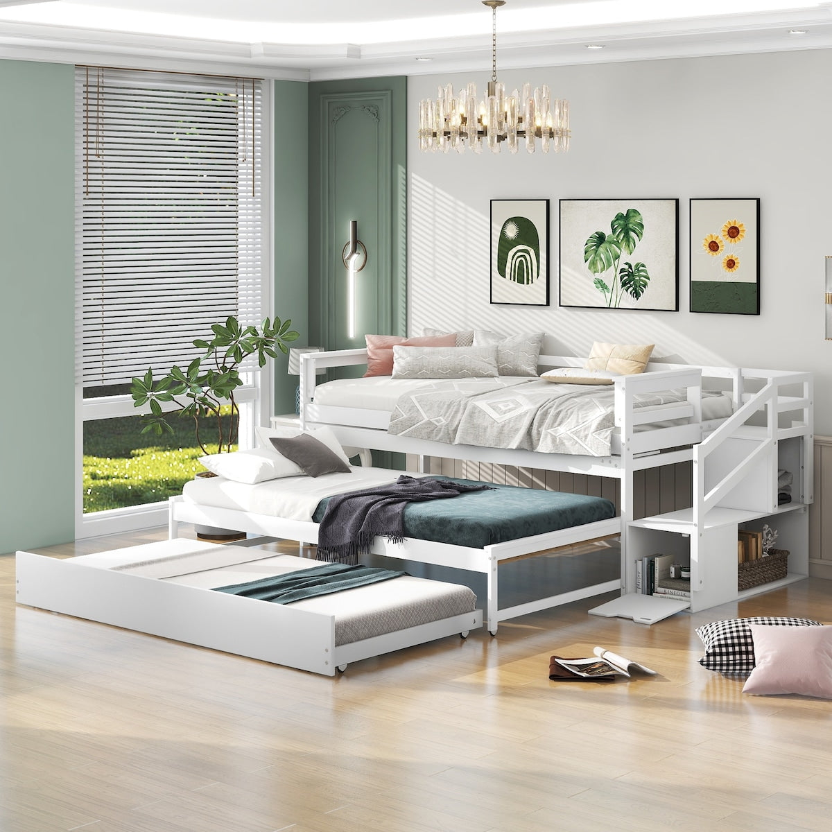 Simple Design Pine wood+MDF Twin Size Daybed with Double Trundle, Flexible Desk and Storage Staircase.