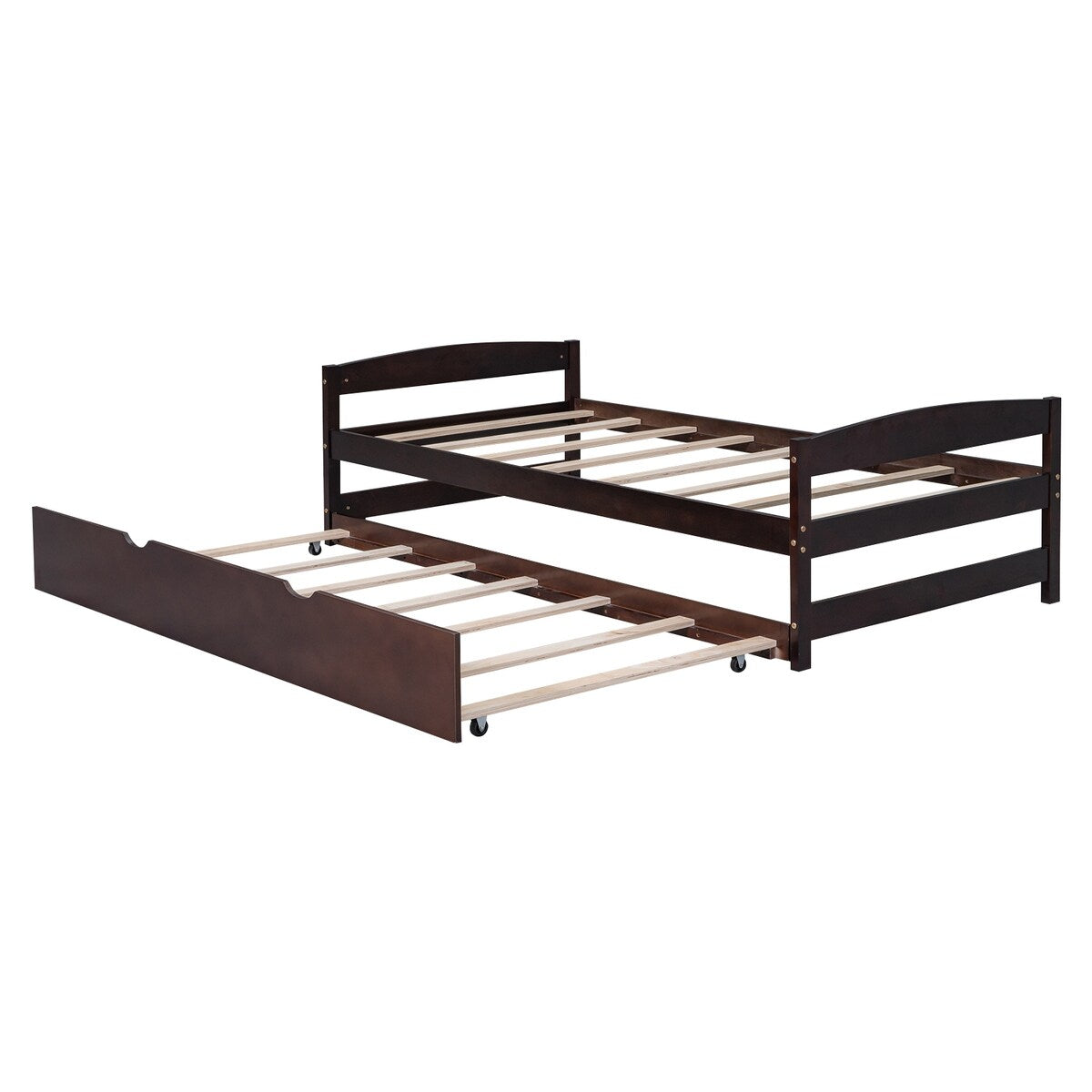 Simple and Exquisite Style Twin Size Platform Bed with Twin Size Trundle, Headboard and Footboard, Sturdy Construction, Espresso