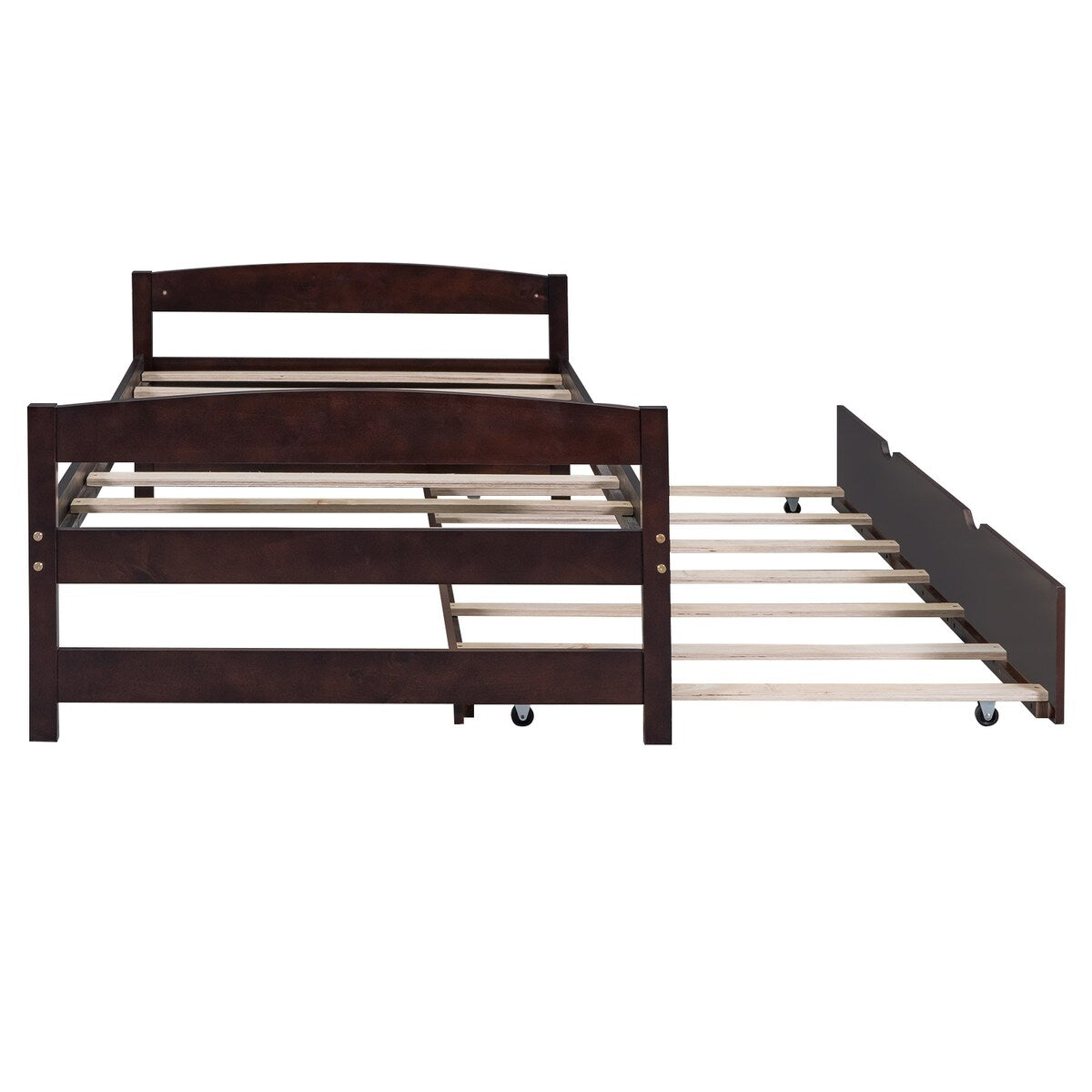 Simple and Exquisite Style Twin Size Platform Bed with Twin Size Trundle, Headboard and Footboard, Sturdy Construction, Espresso