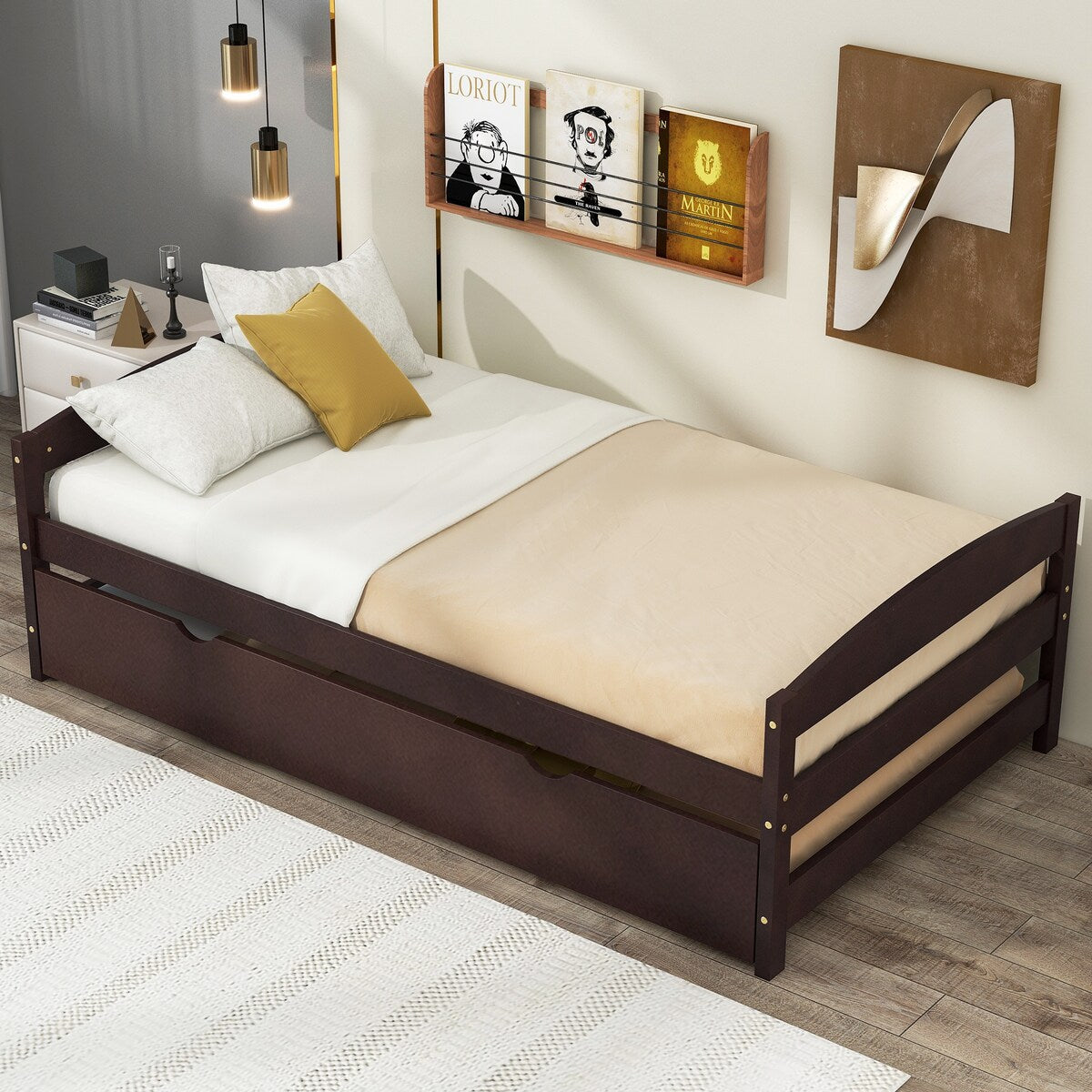 Simple and Exquisite Style Twin Size Platform Bed with Twin Size Trundle, Headboard and Footboard, Sturdy Construction, Espresso