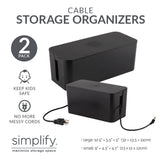 Simplify 2 Pack Cable Organizer Boxes in Black - 12.6' x 5.35" x 4.33" ; 9" x 4.3" x 4.6"