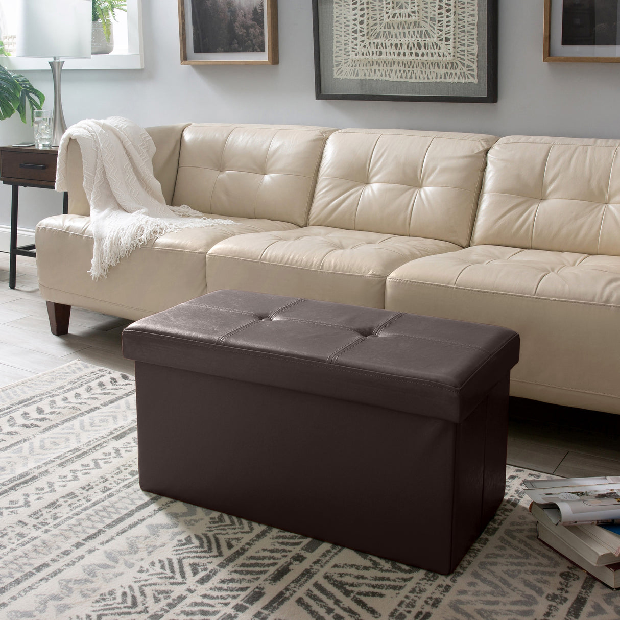 Simplify Chocolate Faux Leather Double Folding Storage Ottoman - 30" x 15" x 15"