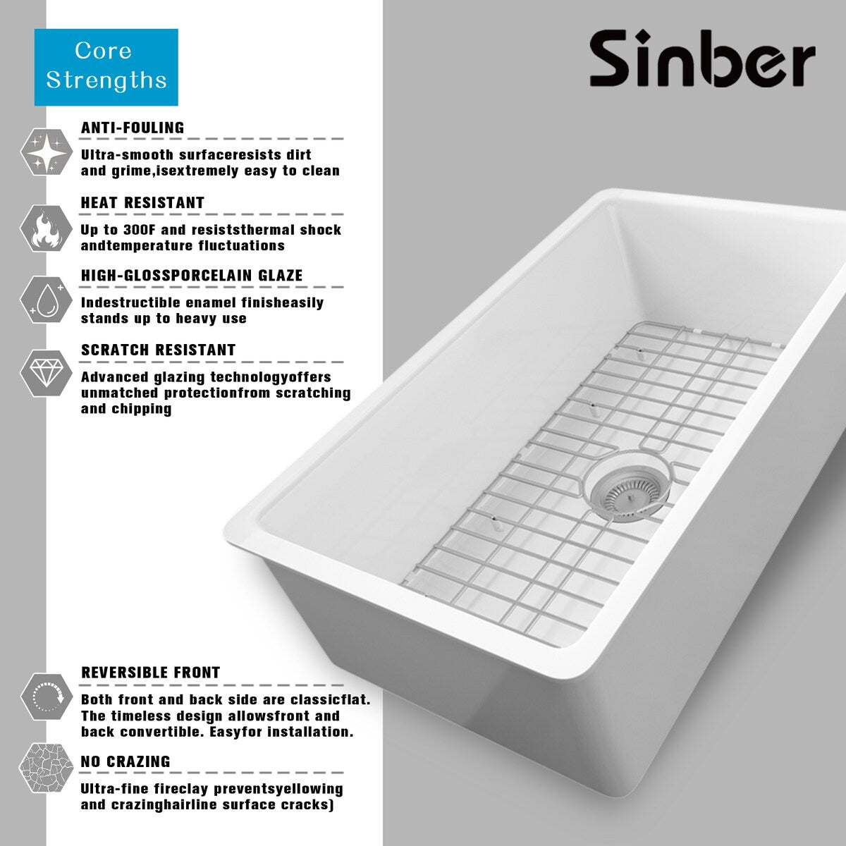 Sinber 32 Inch Drop in Single Bowl Kitchen Sink with Fireclay White Finish 2 Accessories - 32'' X 19'' X 10''