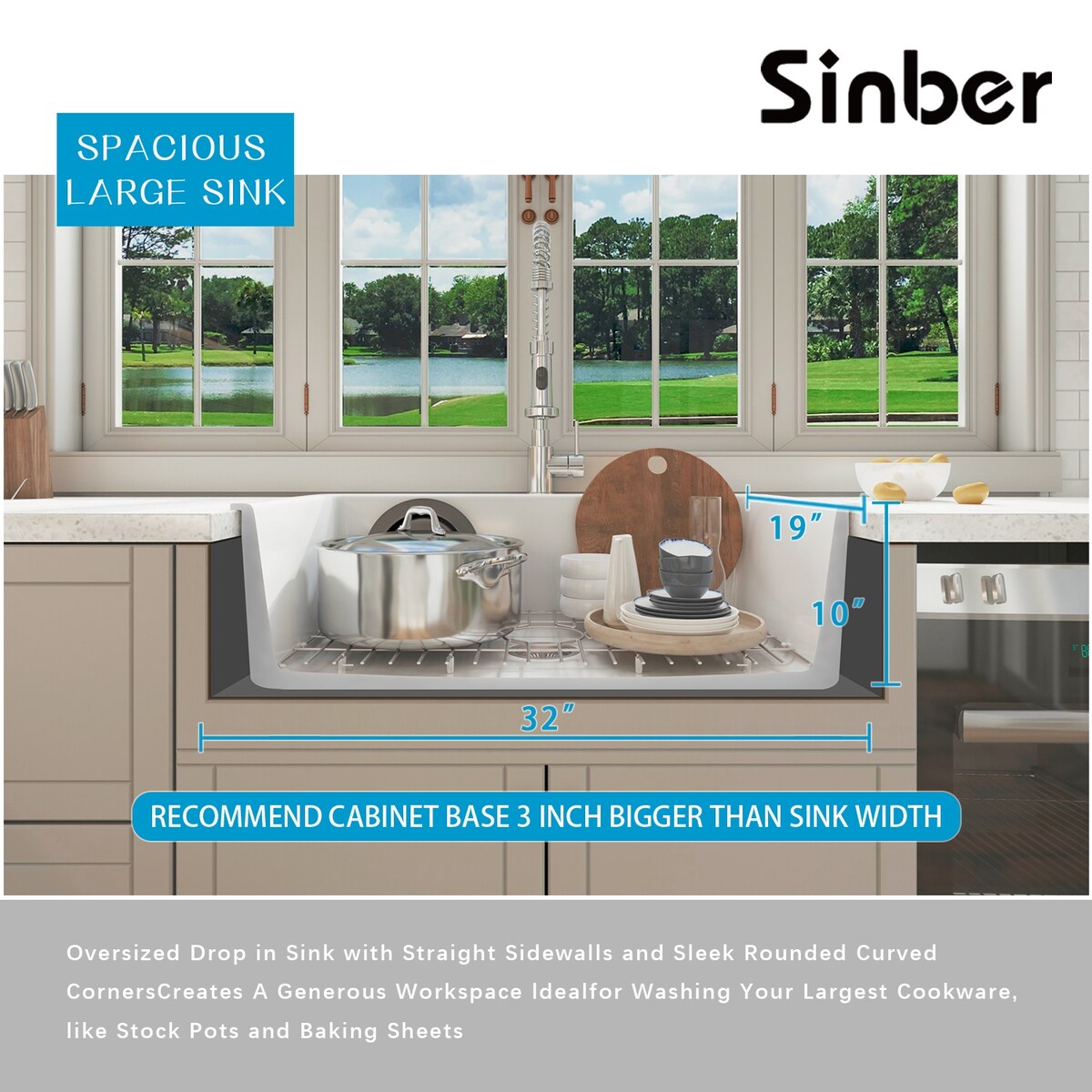 Sinber 32 Inch Drop in Single Bowl Kitchen Sink with Fireclay White Finish 2 Accessories - 32'' X 19'' X 10''
