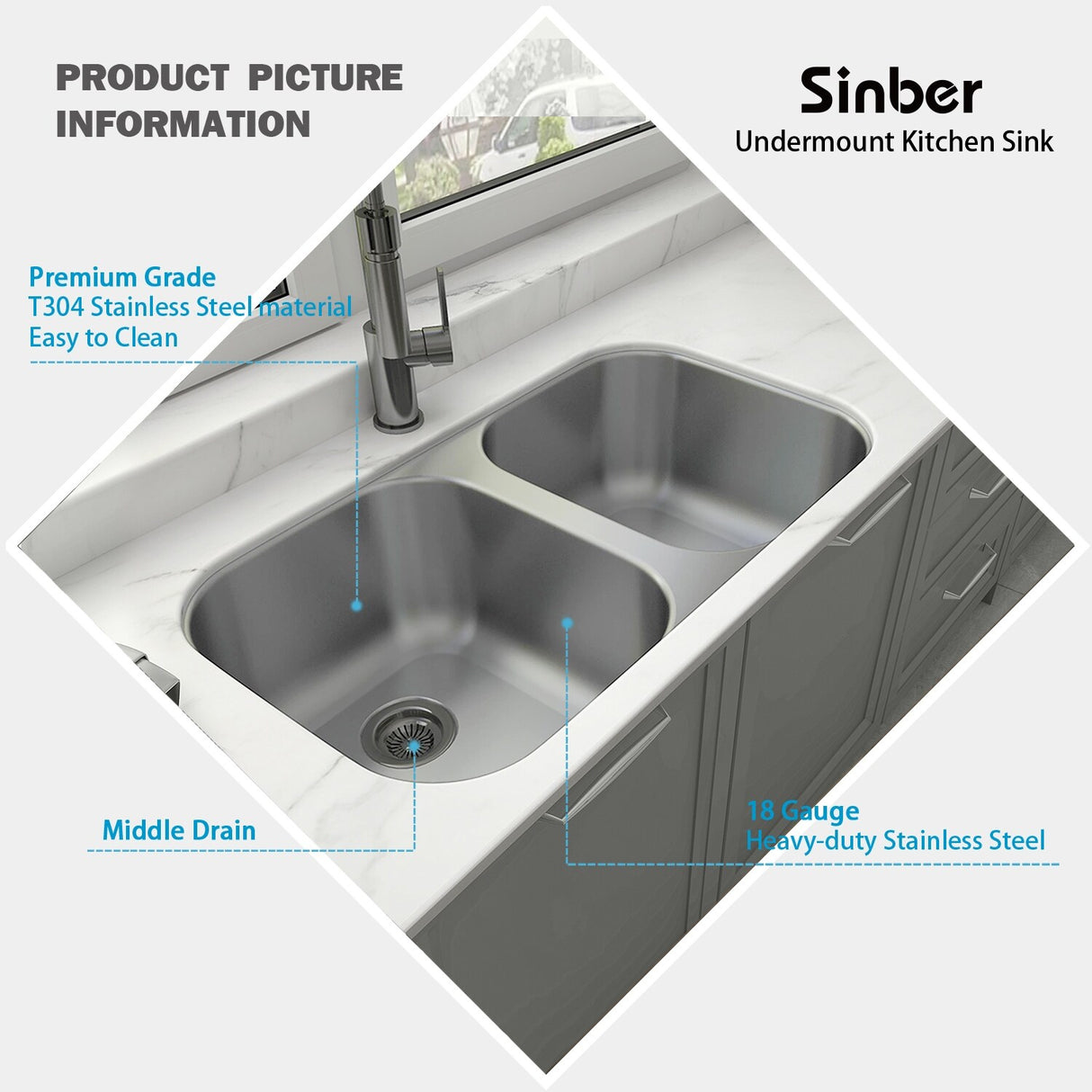 Sinber Undermount Double Bowl 304 Stainless Steel Kitchen Sink