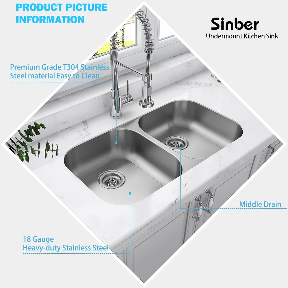 Sinber Undermount Double Bowl 304 Stainless Steel Kitchen Sink