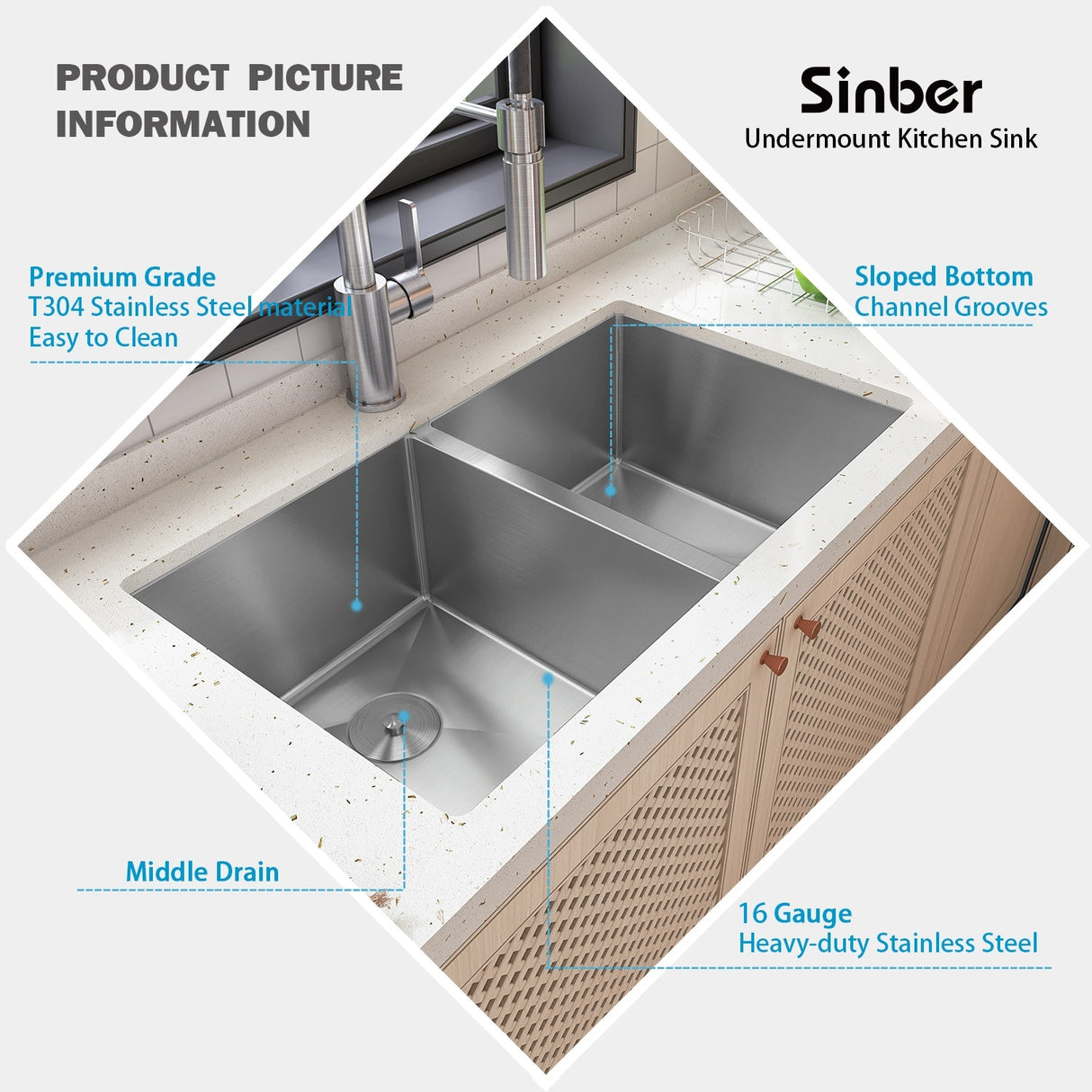 Sinber Undermount Double Bowl 304 Stainless Steel Kitchen Sink