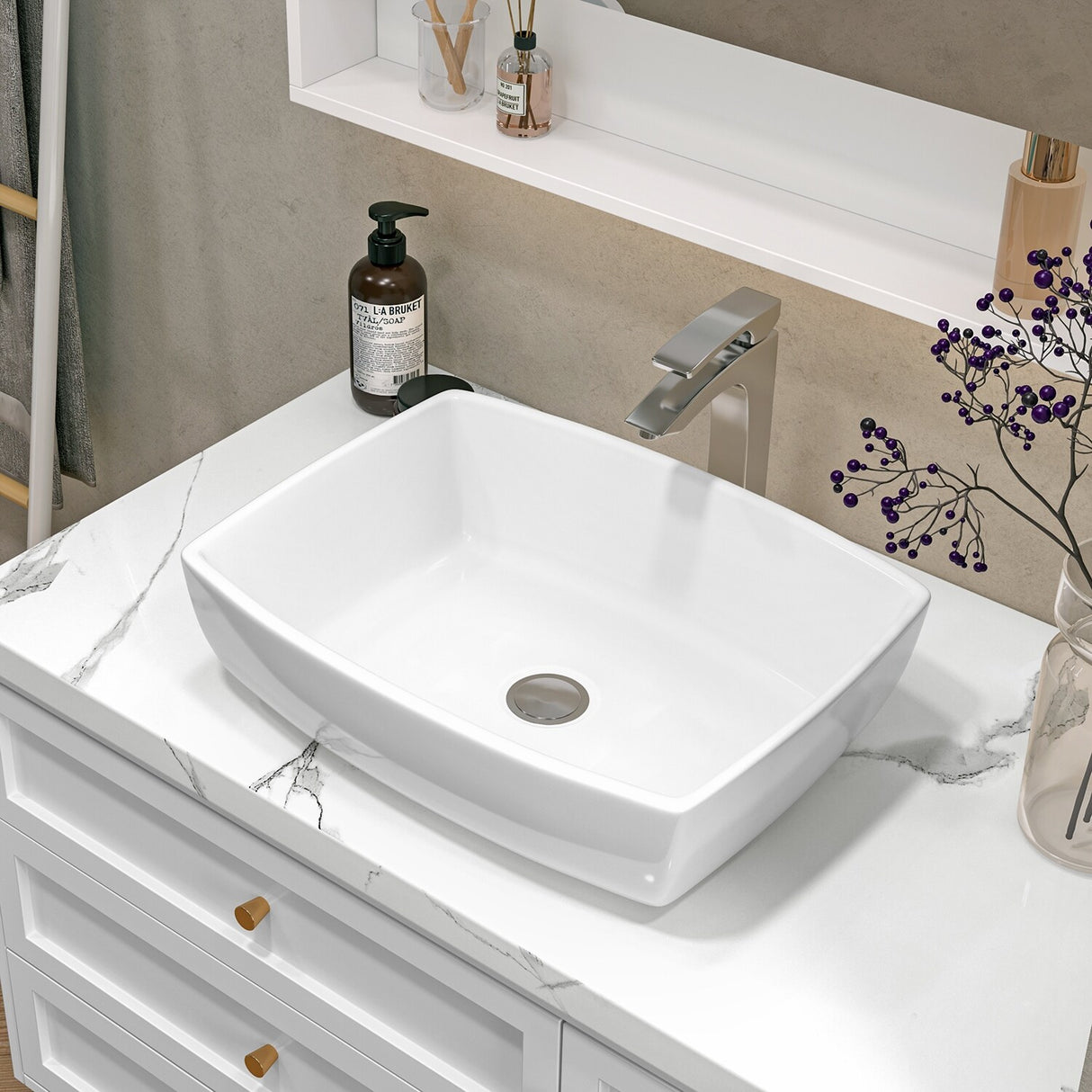 Sinber White Ceramic Countertop Bathroom Vanity Vessel Sink