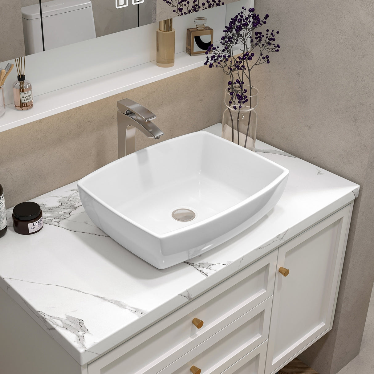 Sinber White Ceramic Countertop Bathroom Vanity Vessel Sink