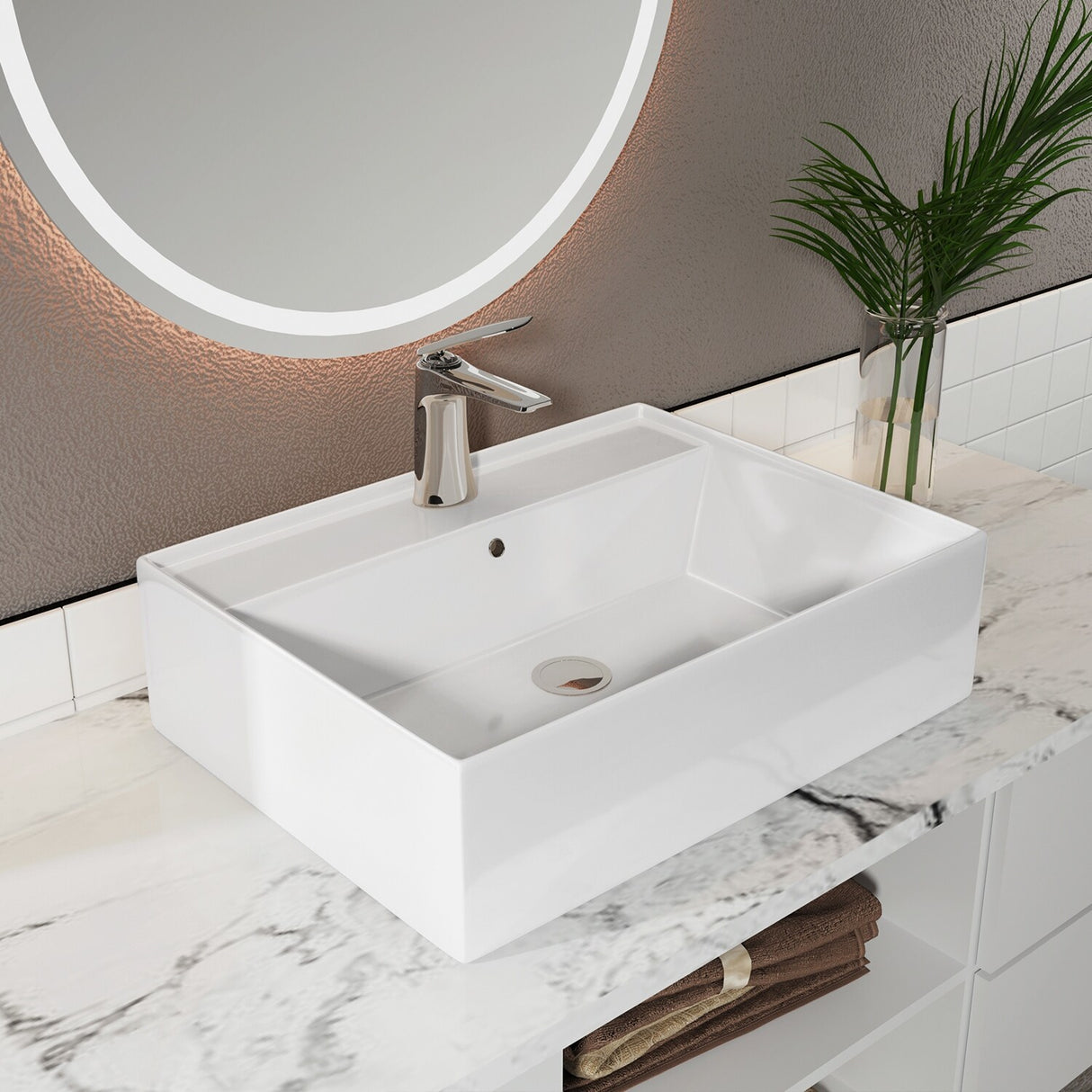 Sinber White Ceramic Countertop Bathroom Vanity Vessel Sink
