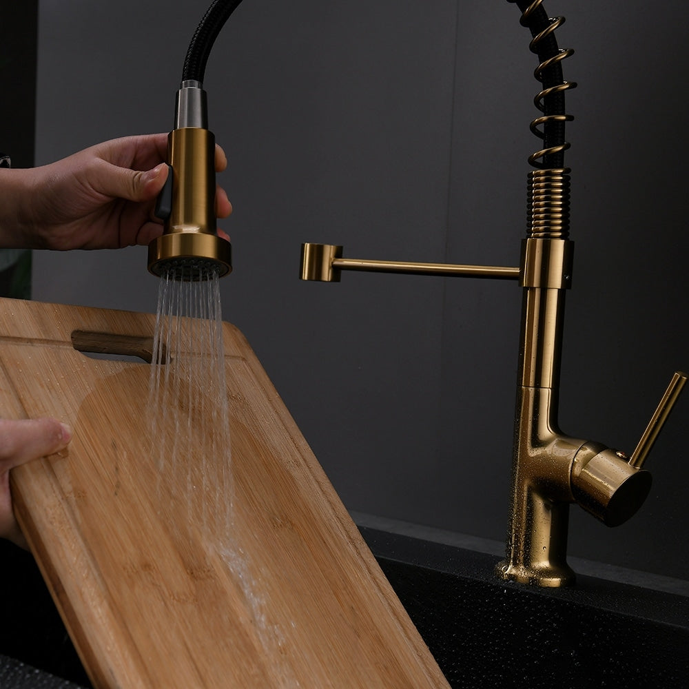 Single Handle Commercial Kitchen Sink Faucet With Pull Down Sprayer Modern Spring Single Hole Basin Taps Brushed Gold