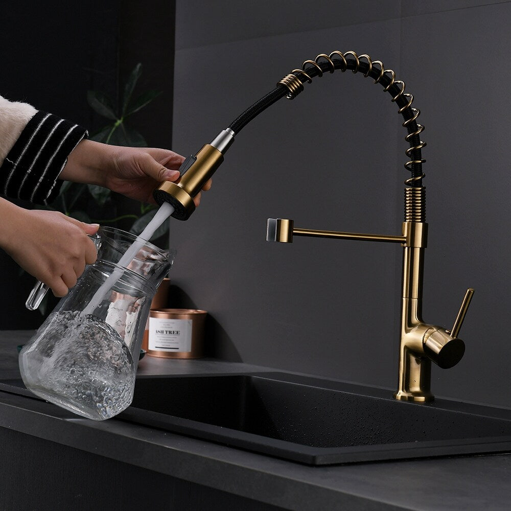 Single Handle Commercial Kitchen Sink Faucet With Pull Down Sprayer Modern Spring Single Hole Basin Taps Brushed Gold