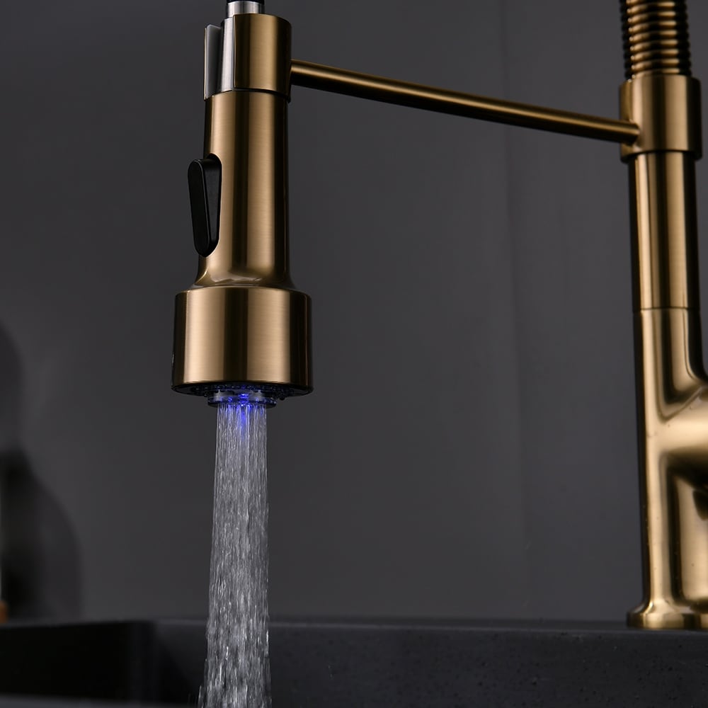 Single Handle Commercial LED Kitchen Sink Faucet With Pull Down Sprayer Brushed Gold Modern Spring Single Hole Basin Taps