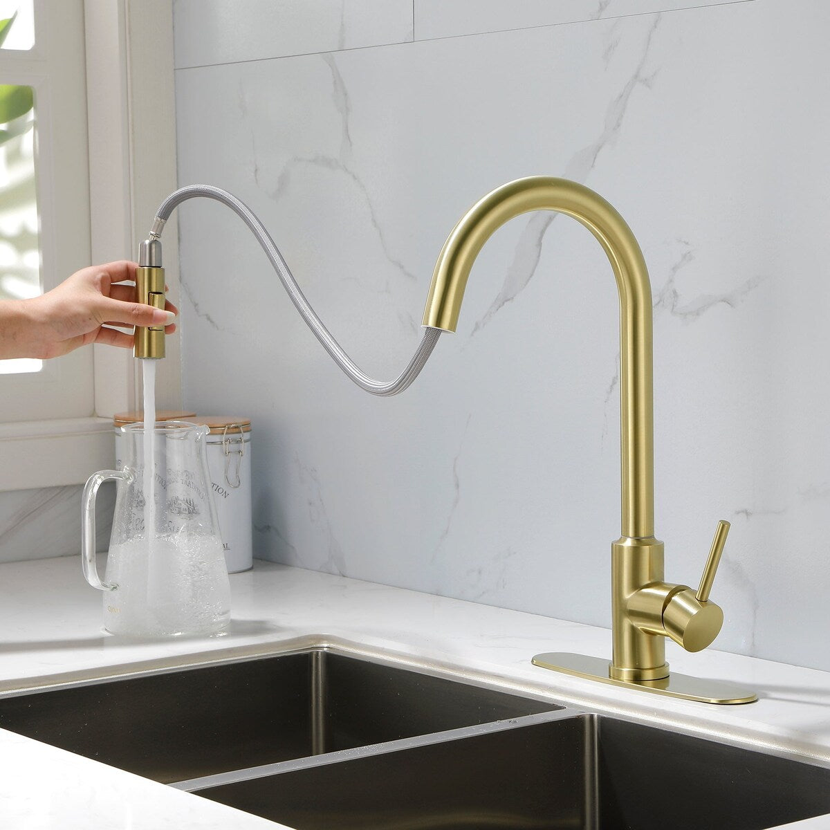 Deck Mounted High Arc Pull Down Stainless Steel Kitchen Faucet