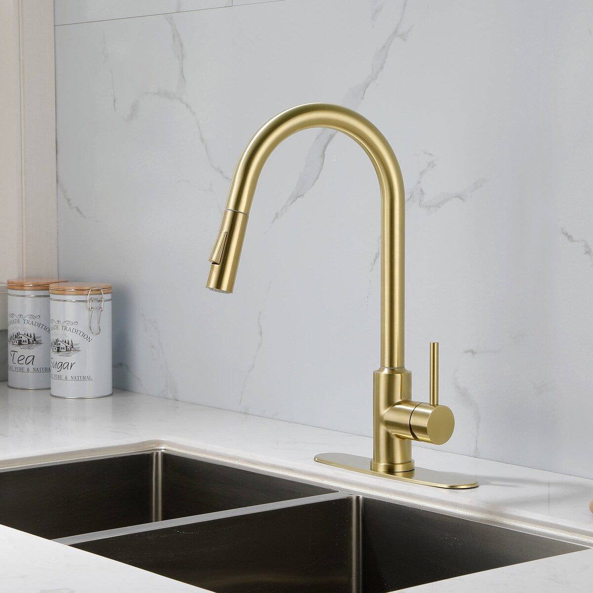 Deck Mounted High Arc Pull Down Stainless Steel Kitchen Faucet