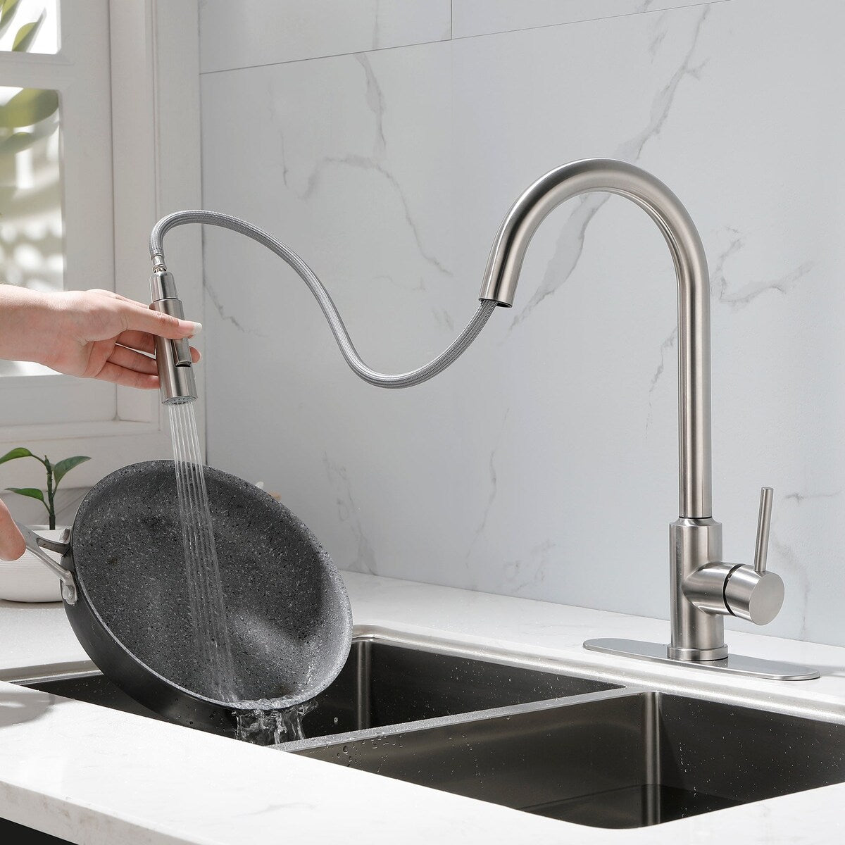 Deck Mounted High Arc Pull Down Stainless Steel Kitchen Faucet