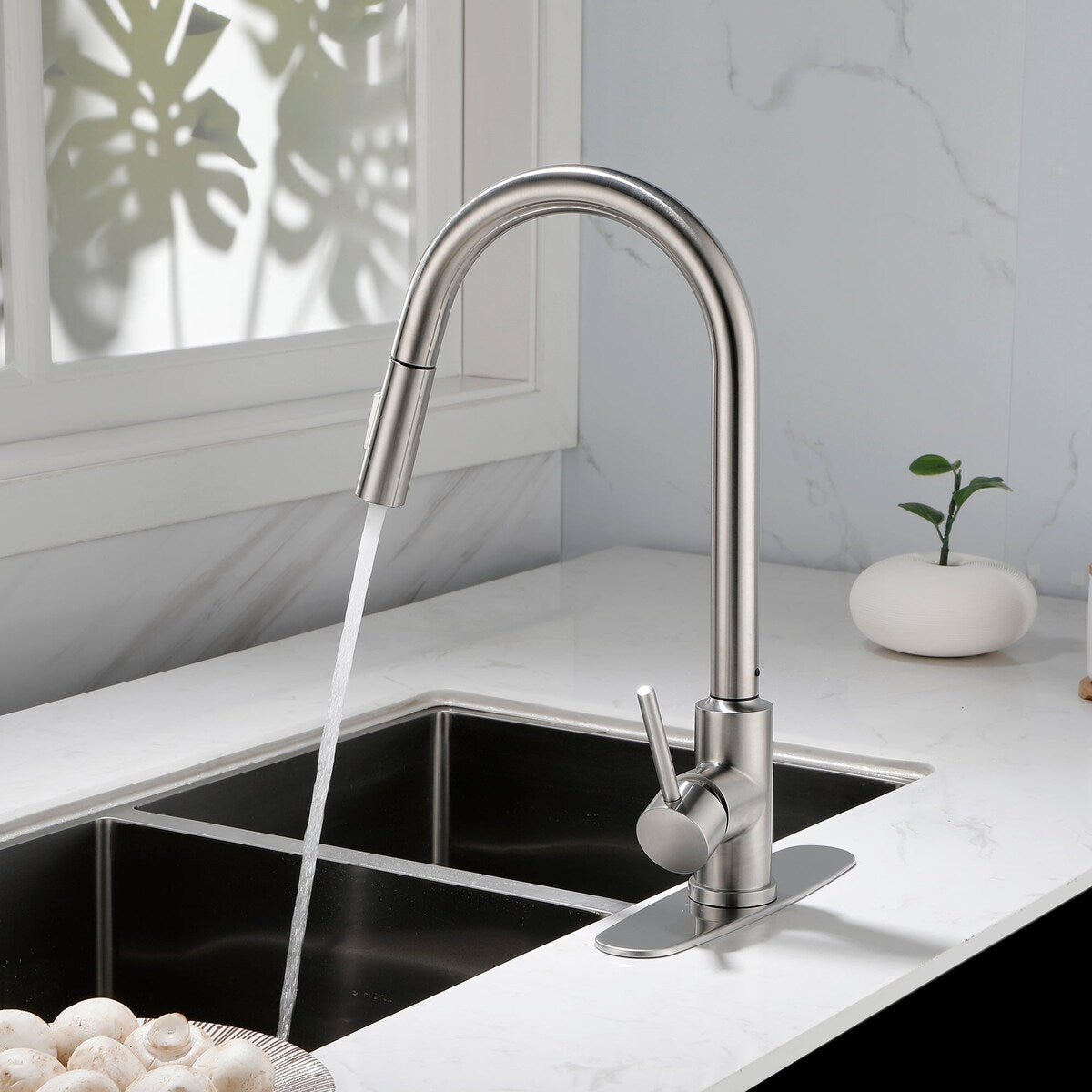 Deck Mounted High Arc Pull Down Stainless Steel Kitchen Faucet