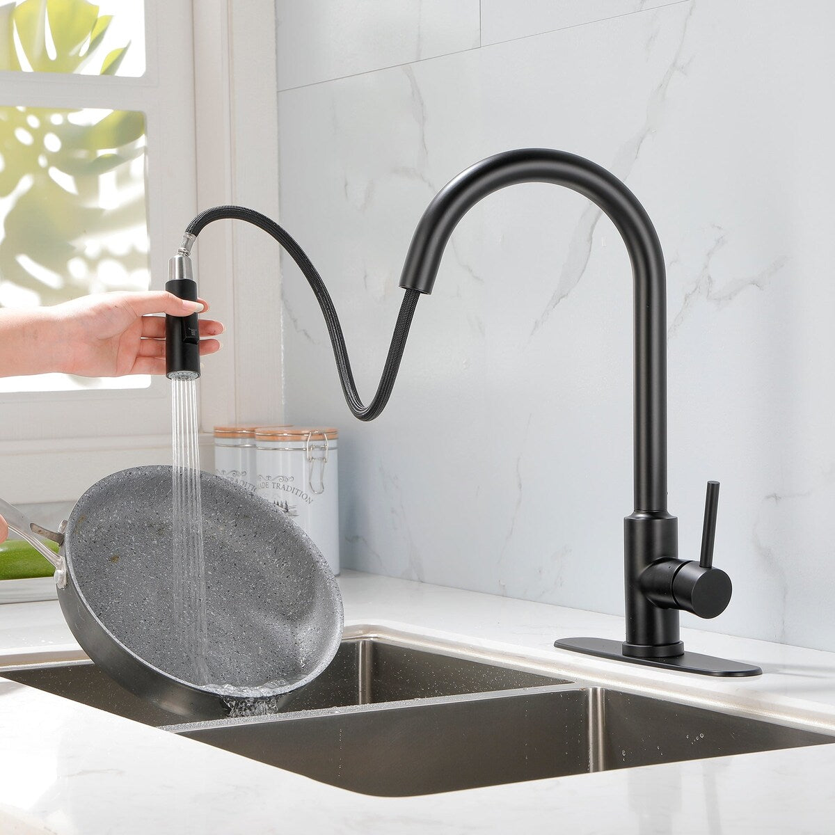 Deck Mounted High Arc Pull Down Stainless Steel Kitchen Faucet