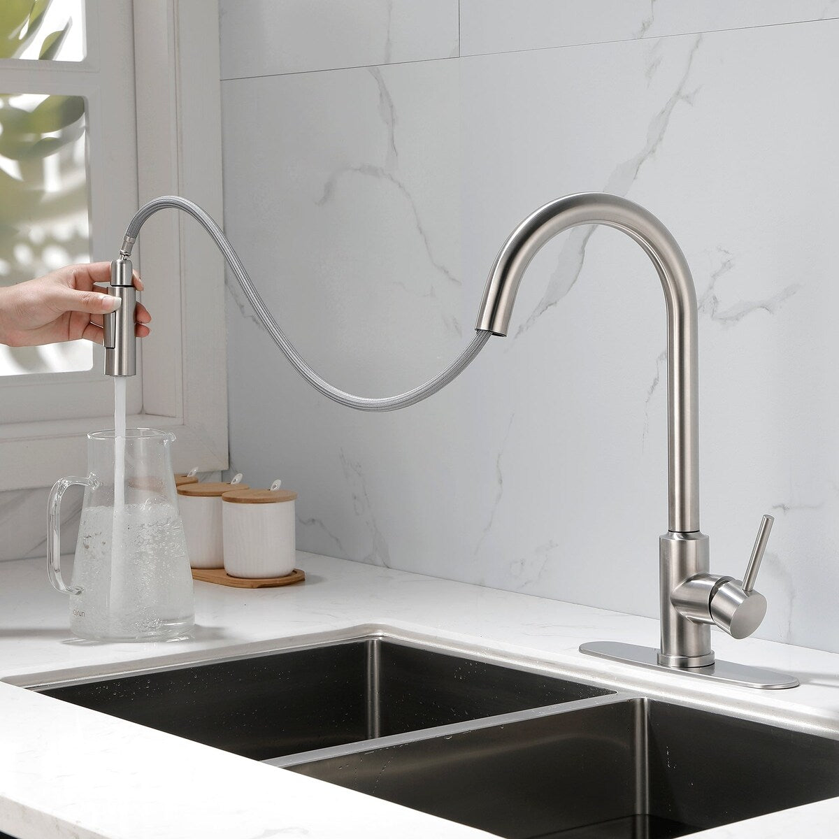 Deck Mounted High Arc Pull Down Stainless Steel Kitchen Faucet