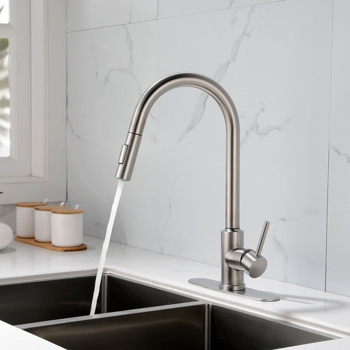 Deck Mounted High Arc Pull Down Stainless Steel Kitchen Faucet