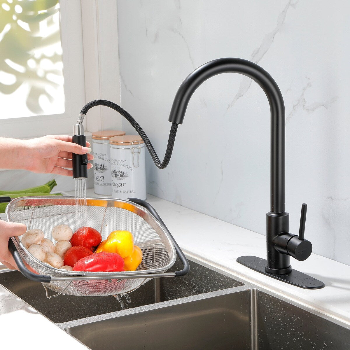 Deck Mounted High Arc Pull Down Stainless Steel Kitchen Faucet