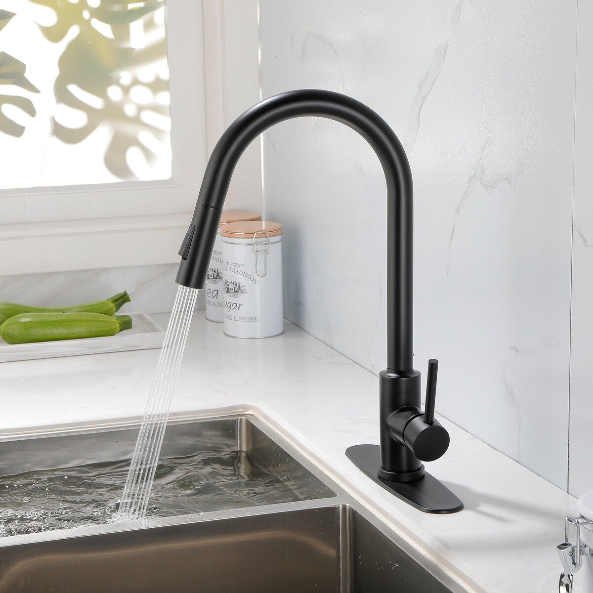 Deck Mounted High Arc Pull Down Stainless Steel Kitchen Faucet