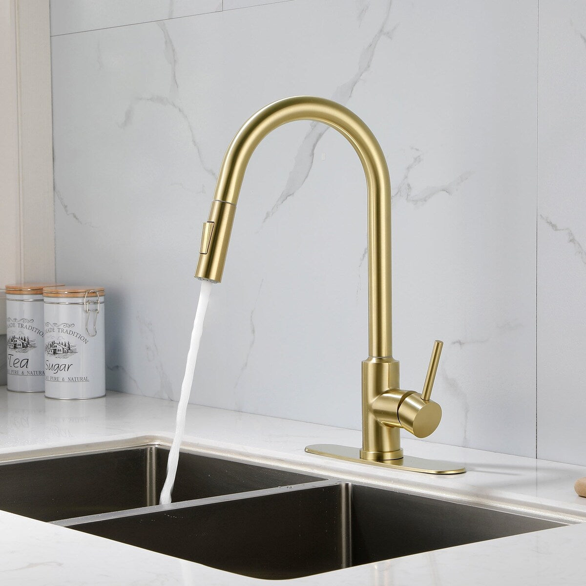 Deck Mounted High Arc Pull Down Stainless Steel Kitchen Faucet
