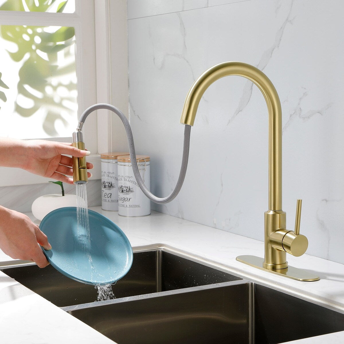 Deck Mounted High Arc Pull Down Stainless Steel Kitchen Faucet