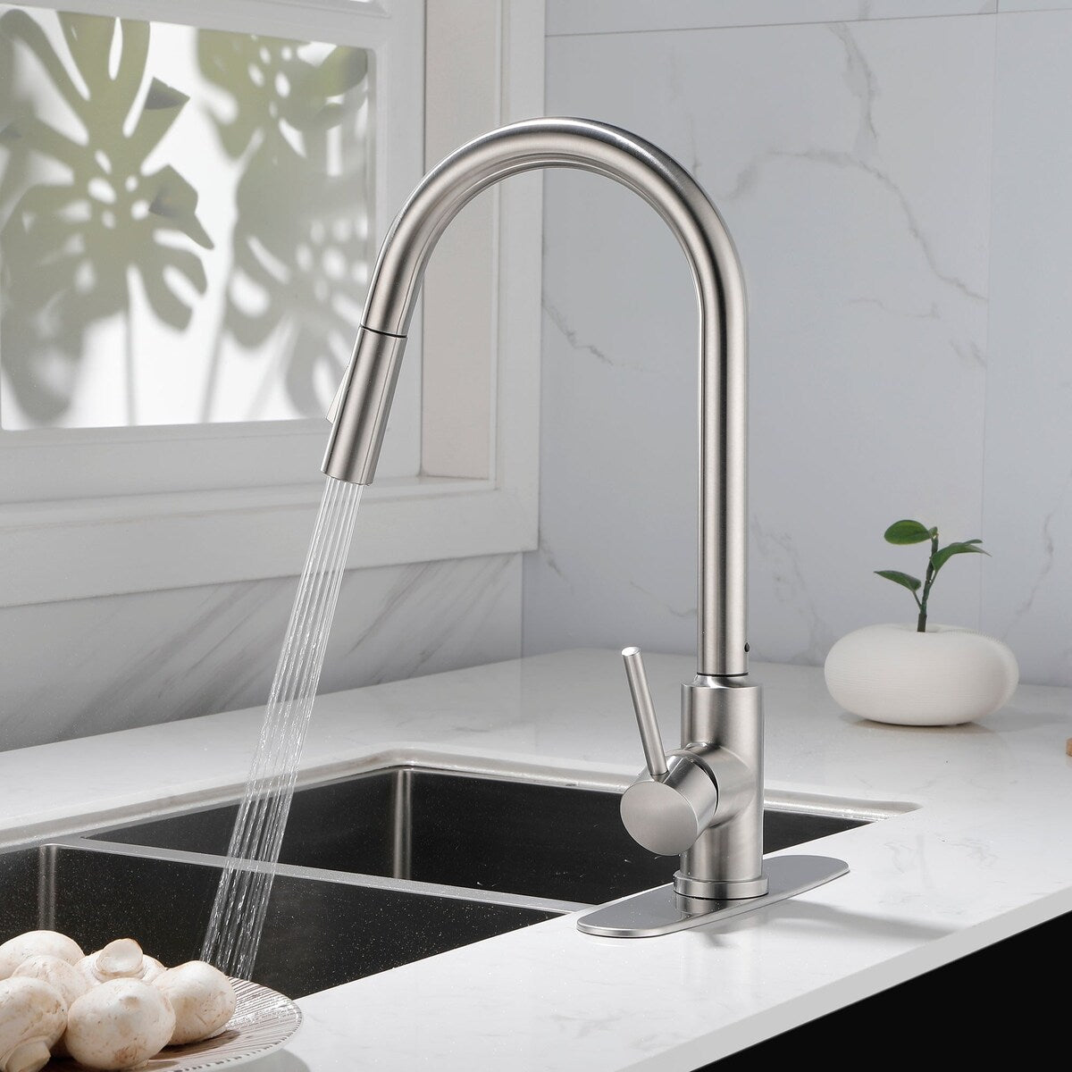 Deck Mounted High Arc Pull Down Stainless Steel Kitchen Faucet