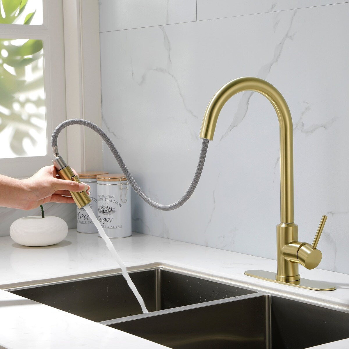 Deck Mounted High Arc Pull Down Stainless Steel Kitchen Faucet