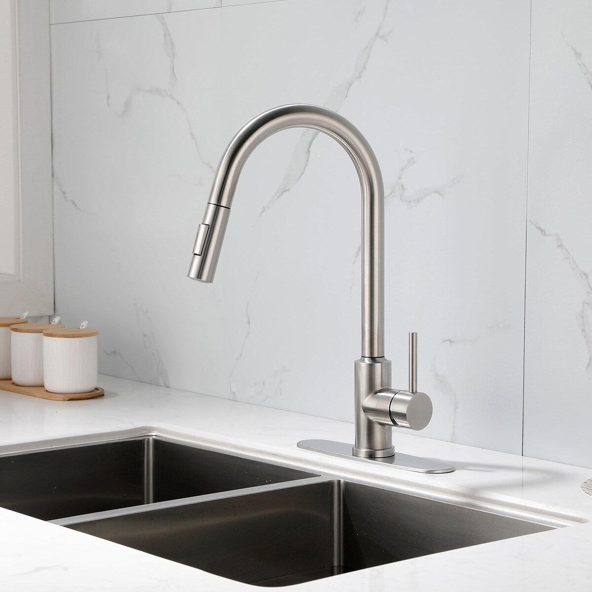 Deck Mounted High Arc Pull Down Stainless Steel Kitchen Faucet