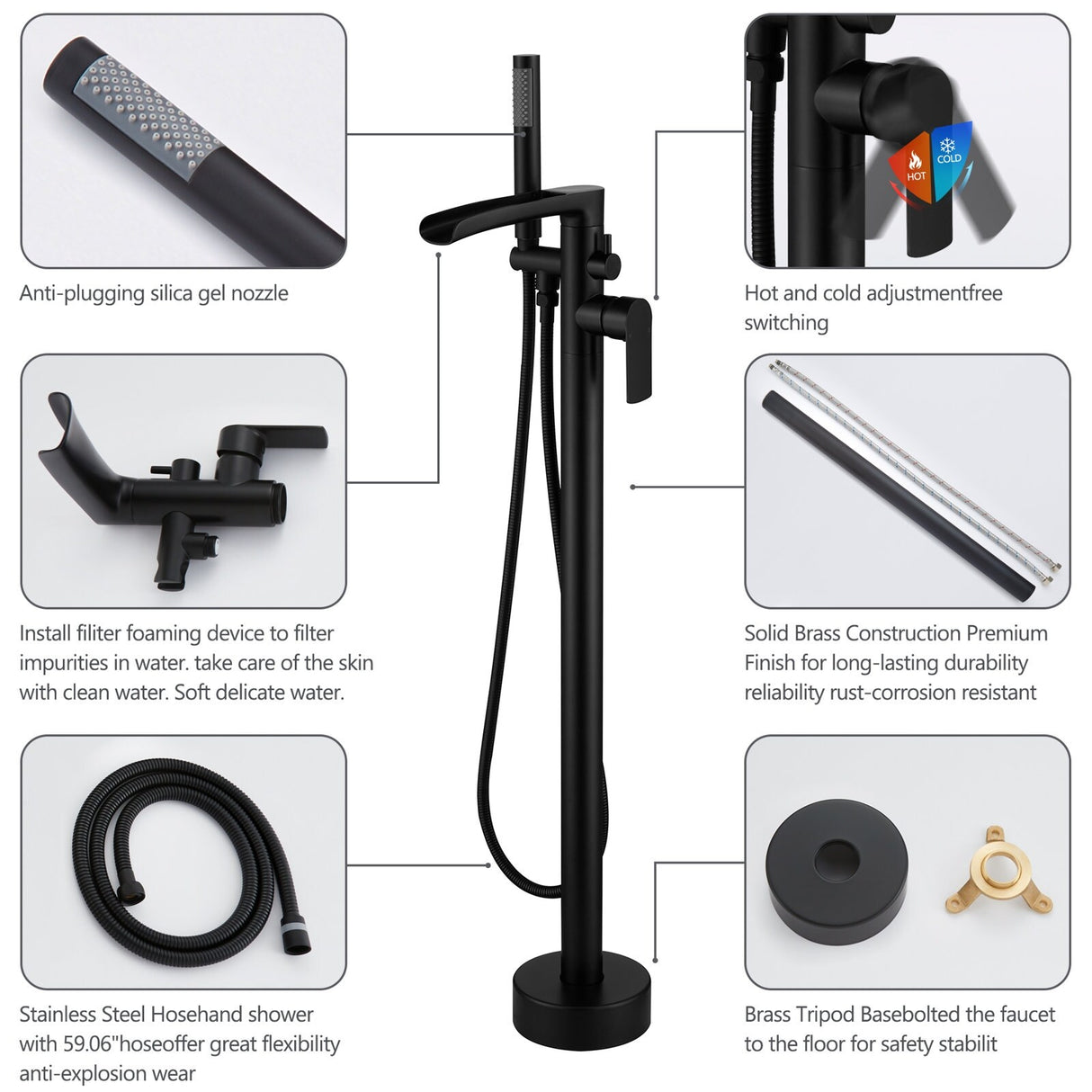 Single Handle Floor Mounted Freestanding Waterfall Tub Filler with Handheld Shower