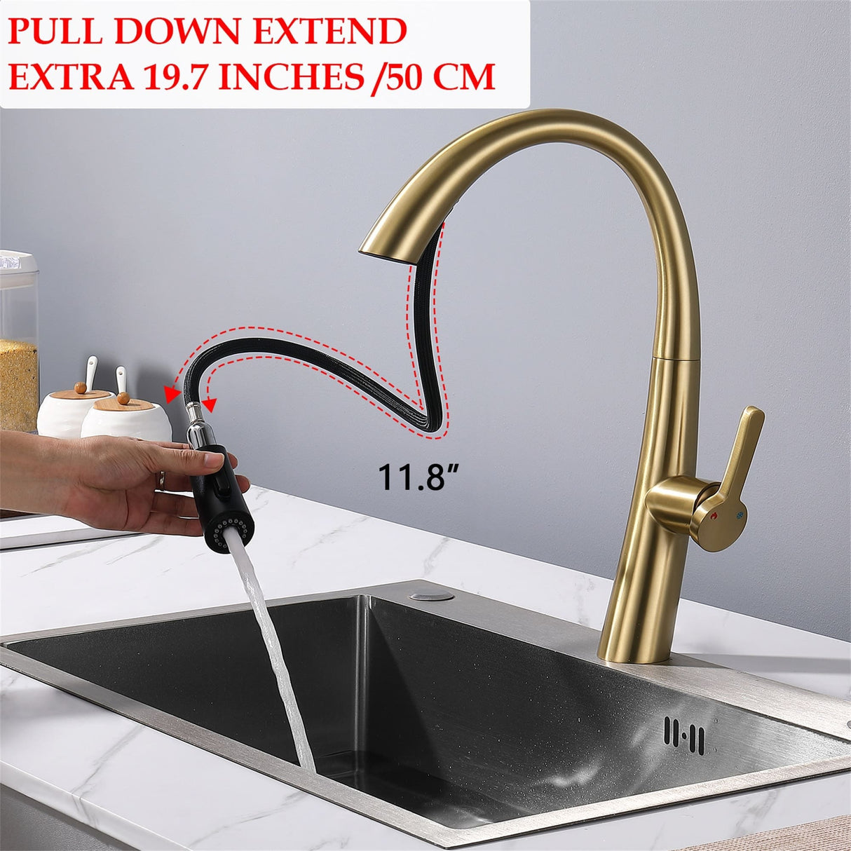 Single Handle Kitchen Faucet with Pull Down Sprayer Modern Single Hole Stainless Steel Kitchen Sink Faucets Brushed Gold