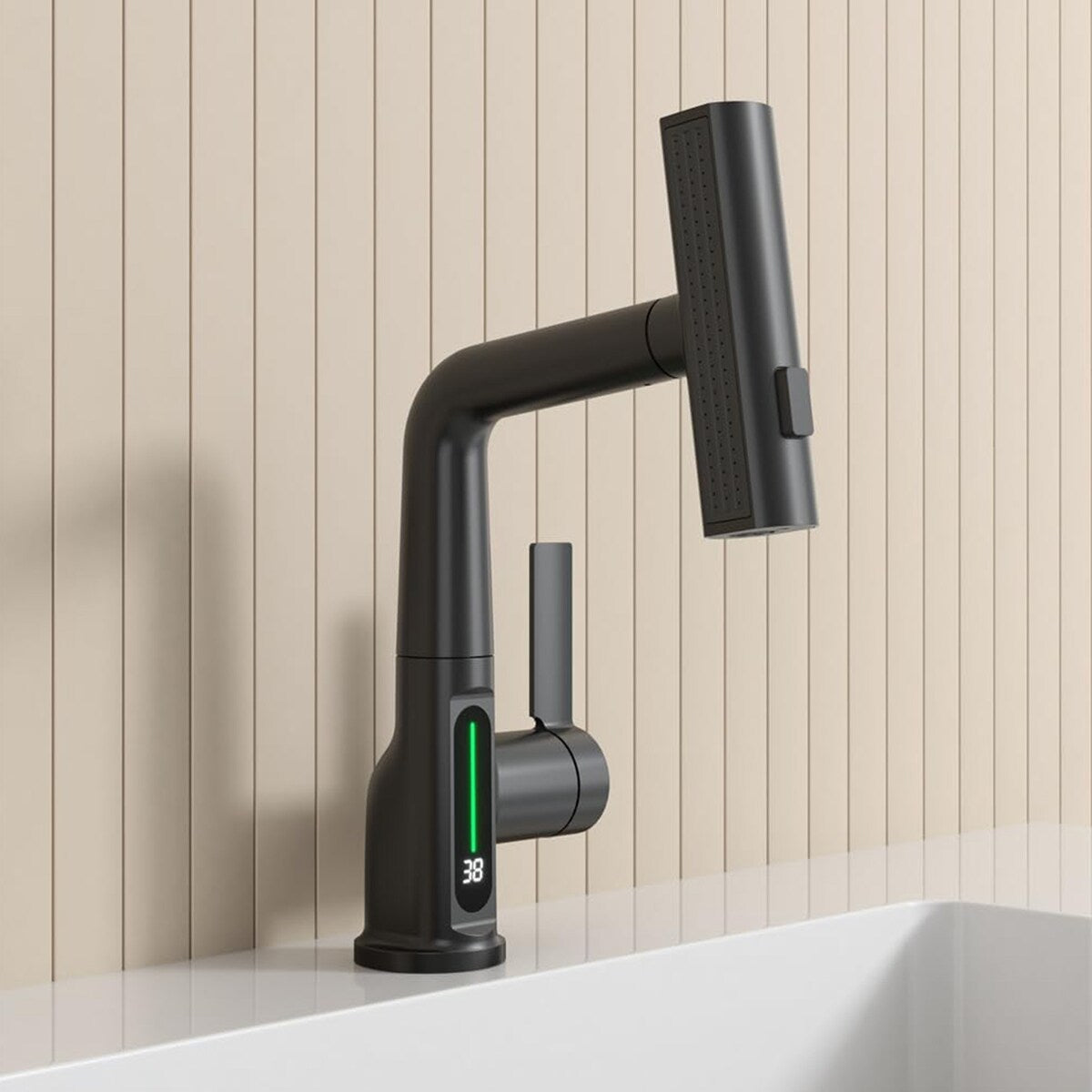 Single Handle LED Temperature Digital Display Bathroom Faucet with Pull-Out Lift Waterfall Bathroom Sink Faucet Matte Black