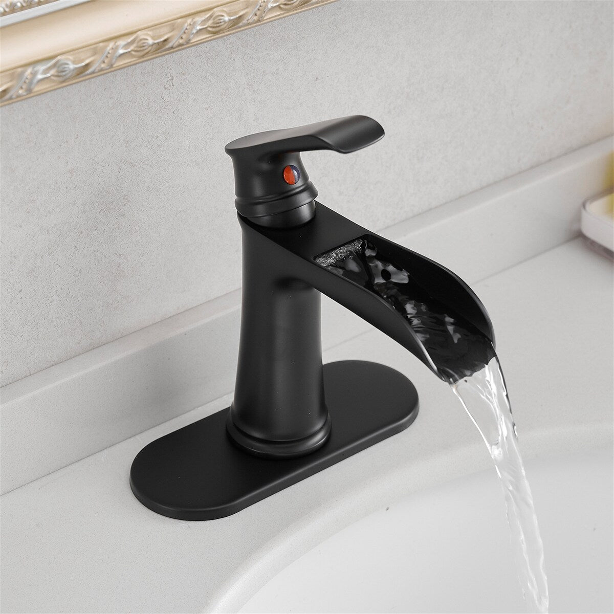 Single Handle Waterfall Bathroom Faucet with Drain Assembly Brass 1 Hole Modern Bathroom Sink Vanity Taps with Deck Plate
