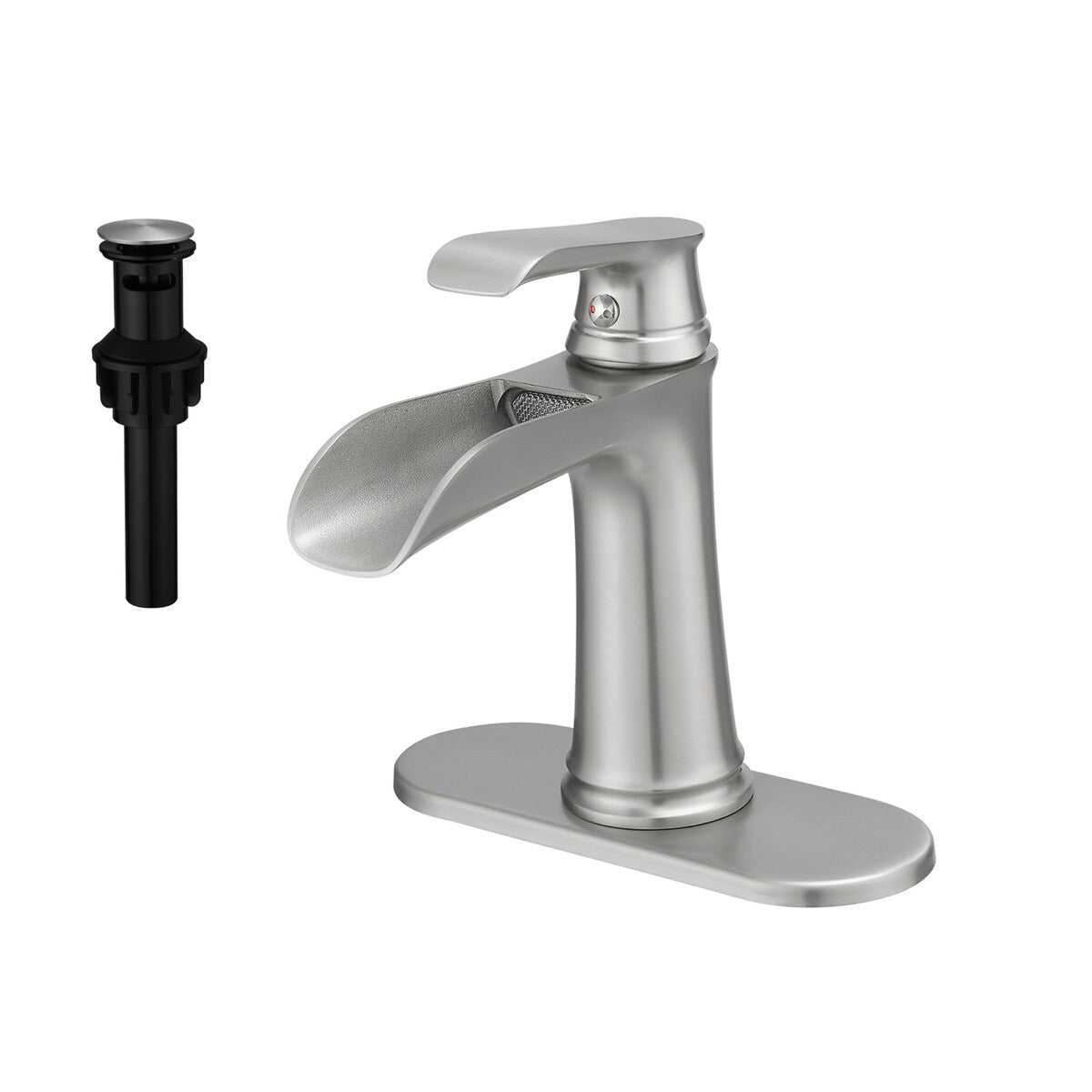 Single Handle Waterfall Bathroom Faucet with Drain Assembly Brass 1 Hole Modern Bathroom Sink Vanity Taps with Deck Plate