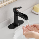Single Handle Waterfall Bathroom Faucet with Drain Assembly Brass 1 Hole Modern Bathroom Sink Vanity Taps with Deck Plate