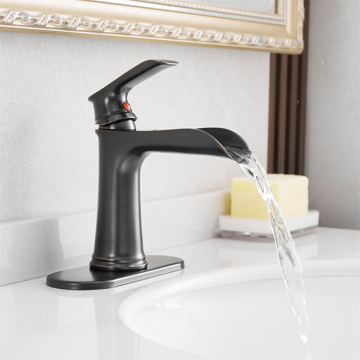 Single Handle Waterfall Bathroom Faucet with Drain Assembly Brass 1 Hole Modern Bathroom Sink Vanity Taps with Deck Plate