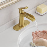 Single Handle Waterfall Bathroom Faucet with Drain Assembly Brass 1 Hole Modern Bathroom Sink Vanity Taps with Deck Plate