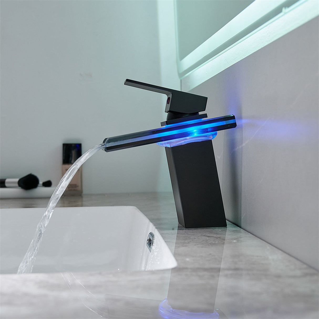 Single Handle Waterfall Bathroom Faucet with LED Light Bathroom Sink Basin Faucets