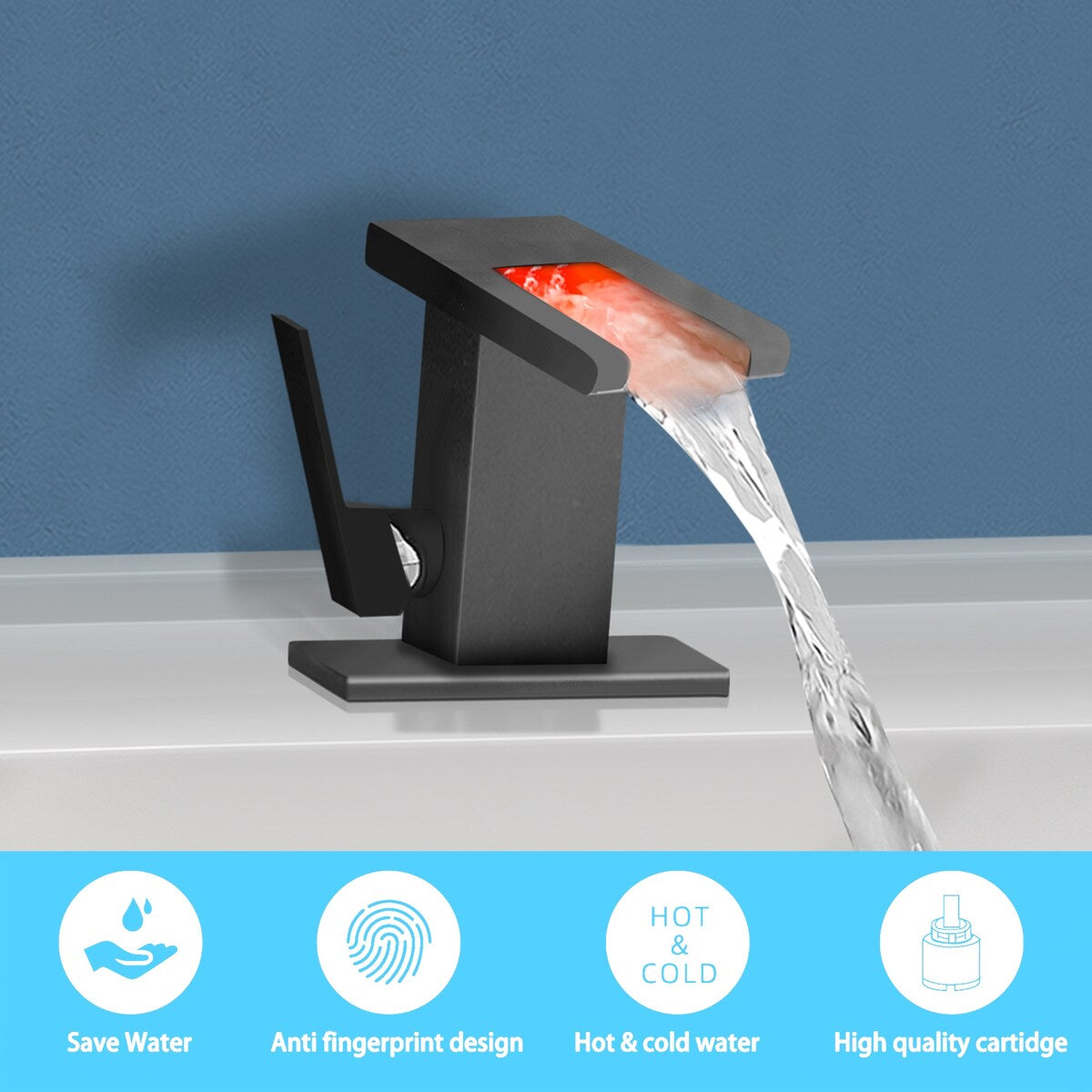 Single Hole Single Handle Waterfall LED Bathroom Faucet with Panel