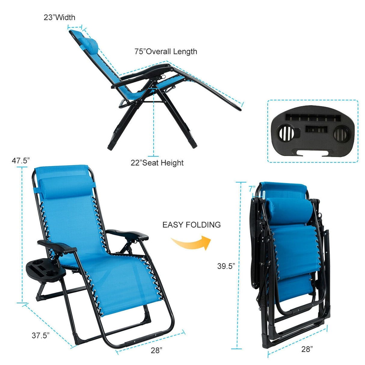 Oversize Patio Heavy Duty Folding Zero Gravity Recliner Lounge Chair
